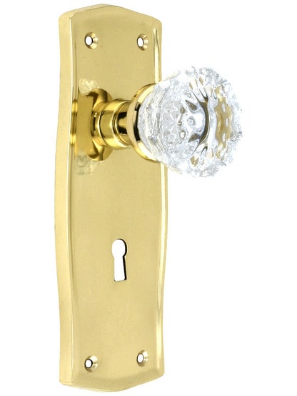 Prairie Design Mortise Lock Set With Fluted Crystal Door Knobs in Polished Brass.